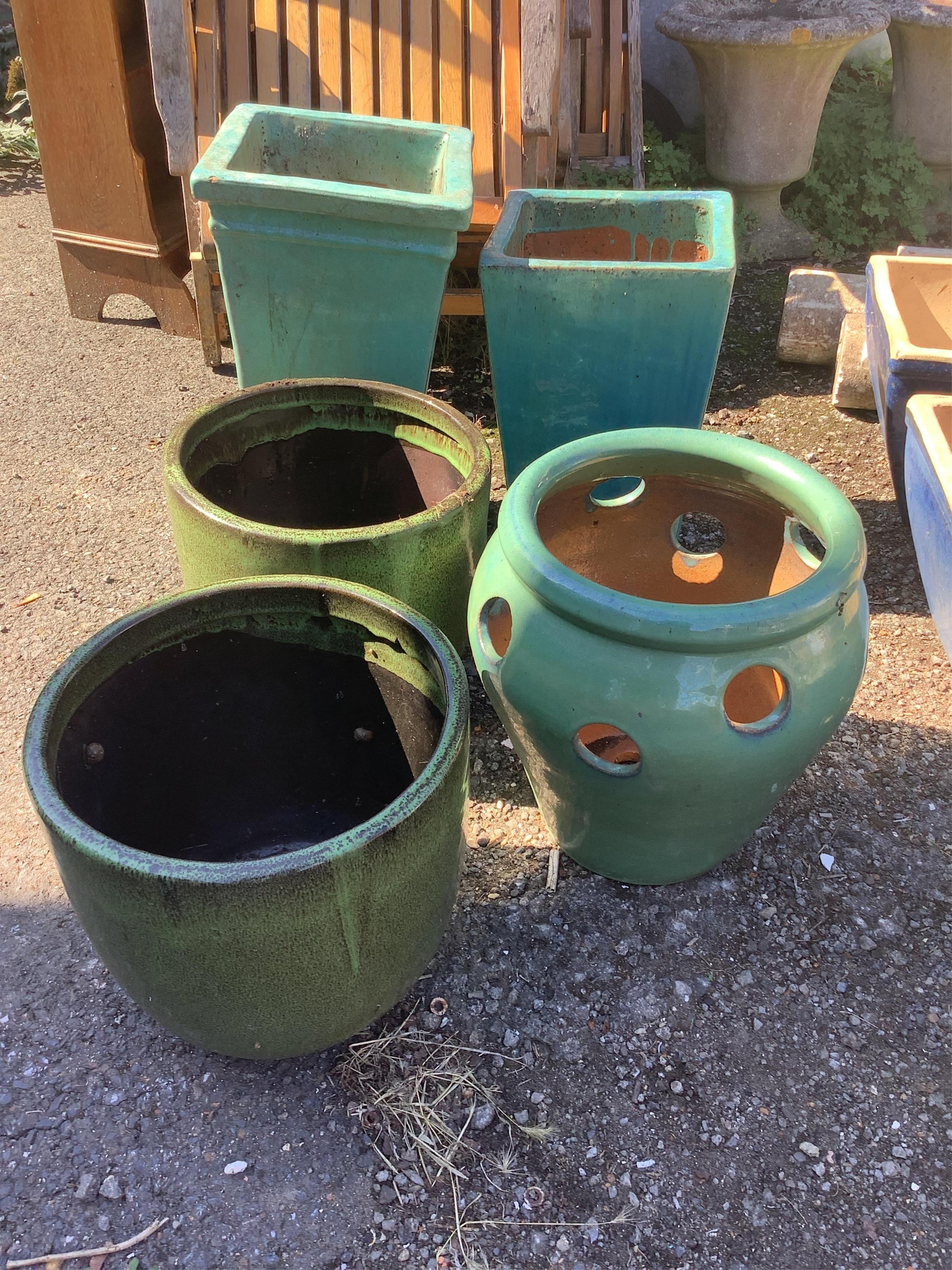 Five glazed earthenware garden planters, largest height 54cm. Condition - fair